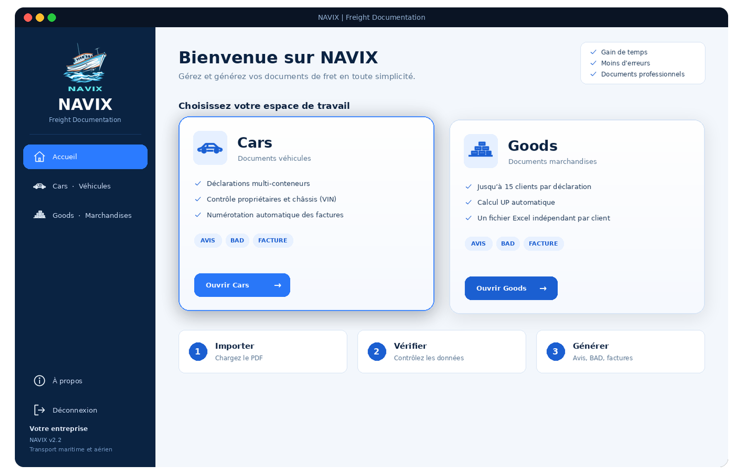 Écran d’accueil de NAVIX avec les modules Cars et Goods